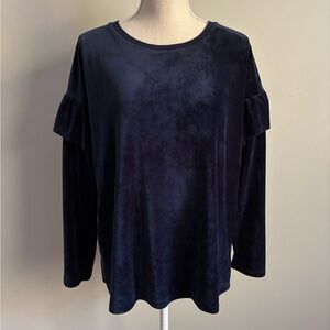 Velour Long Sleeve Ruffle Blouse Dark Blue